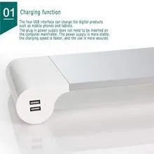 Black computer monitor stand with USB ports on the front and a hidden keyboard storage compartment underneath