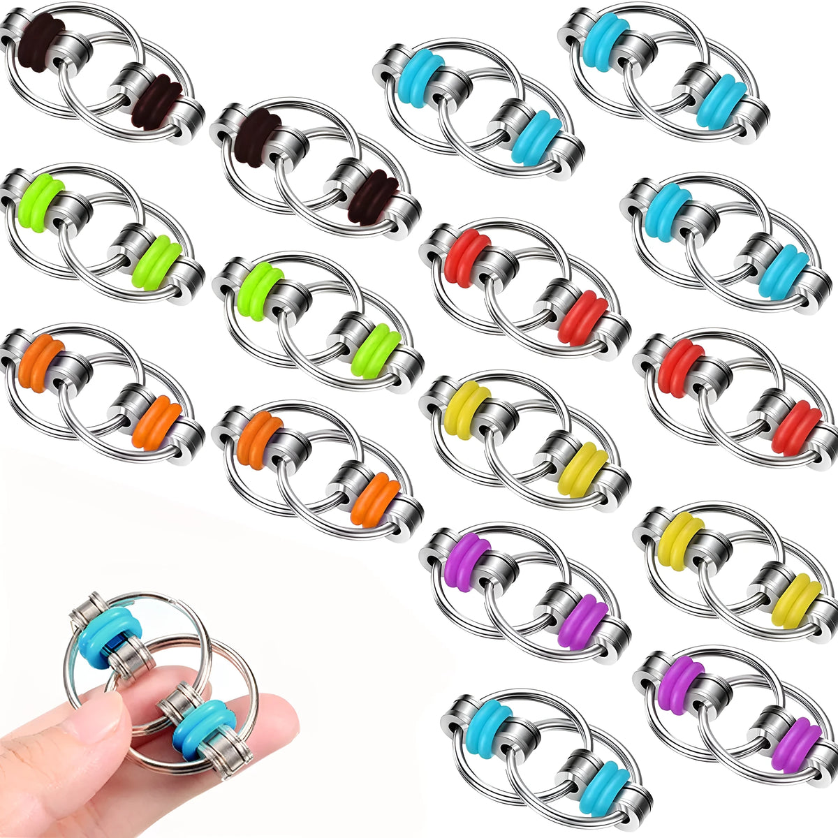 Iron bicycle chain toy keychain, 16.5G, decompression fidget keyring in black, blue, red, green, orange, purple or yellow