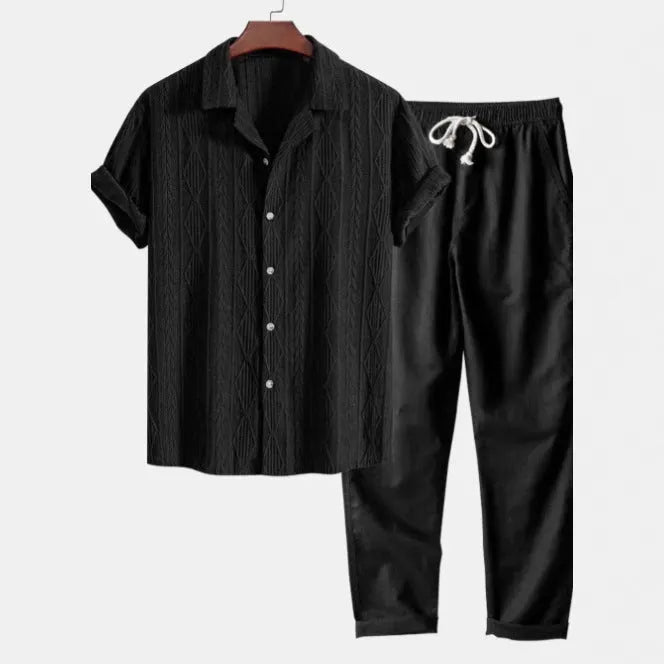Men's slim fit camouflage print casual suit with short-sleeved shirt and trousers on a hanger