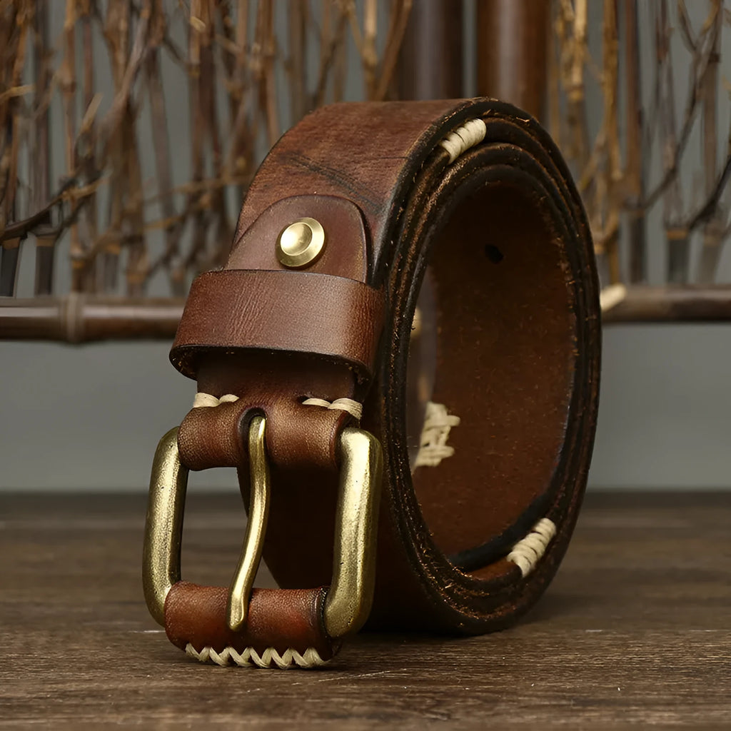 Handmade retro cow leather belt with copper pin buckle, 3.8cm wide, 4mm thick, in brown colour