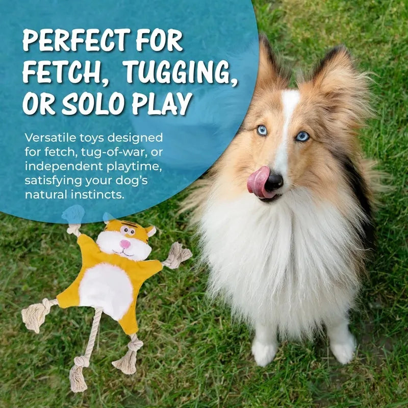 Set of six assorted plush squeaky dog toys in animal shapes including fox, koala, monkey, rabbit, squirrel, and tiger
