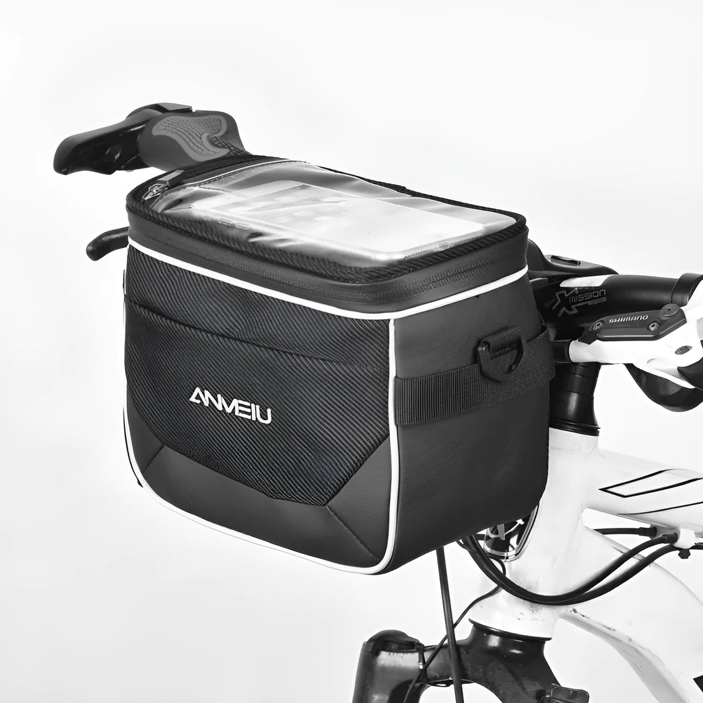 Black polyester folding bicycle bag with 7-inch capacity mounted on handlebars
