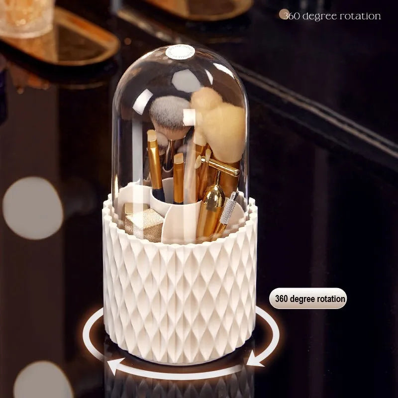 White rotating makeup brush storage holder with transparent lid on desktop