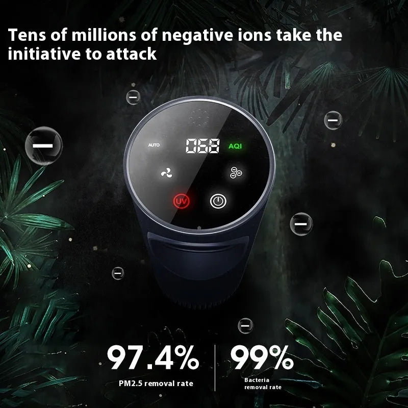 Black car air purifier measuring 68 by 187mm with USB power connection
