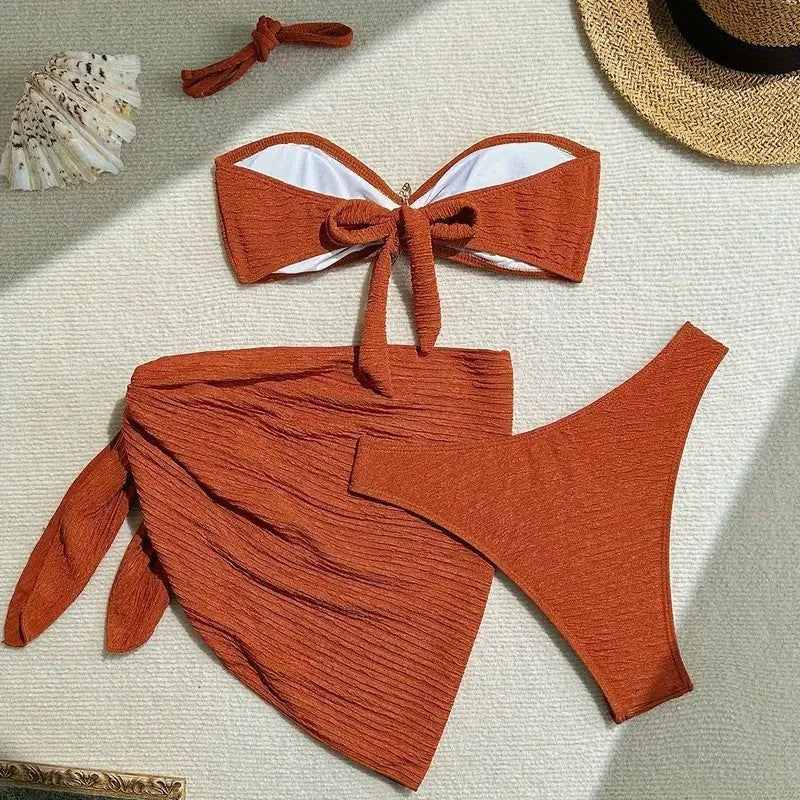 Brown floral three-piece bikini set with tube top, pants and beach skirt in polyester, sizes S to XL