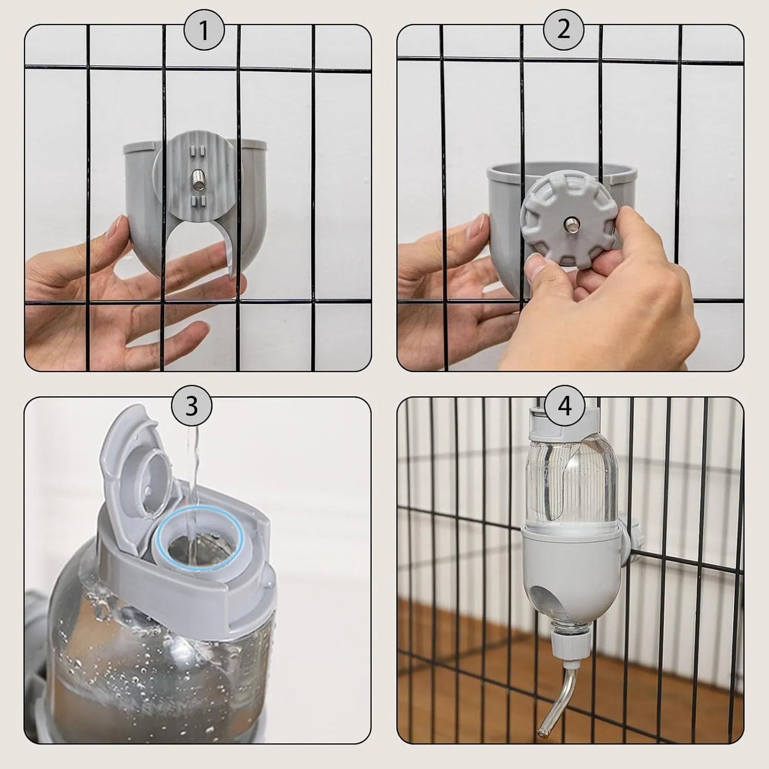 Blue pet water bottle with rotatable nozzle for small animal cages showing measurement scale