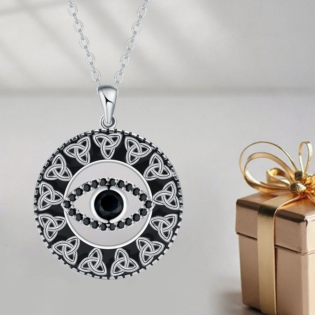 Copper electroplated Devil's Eye pendant necklace with a cross chain for women.