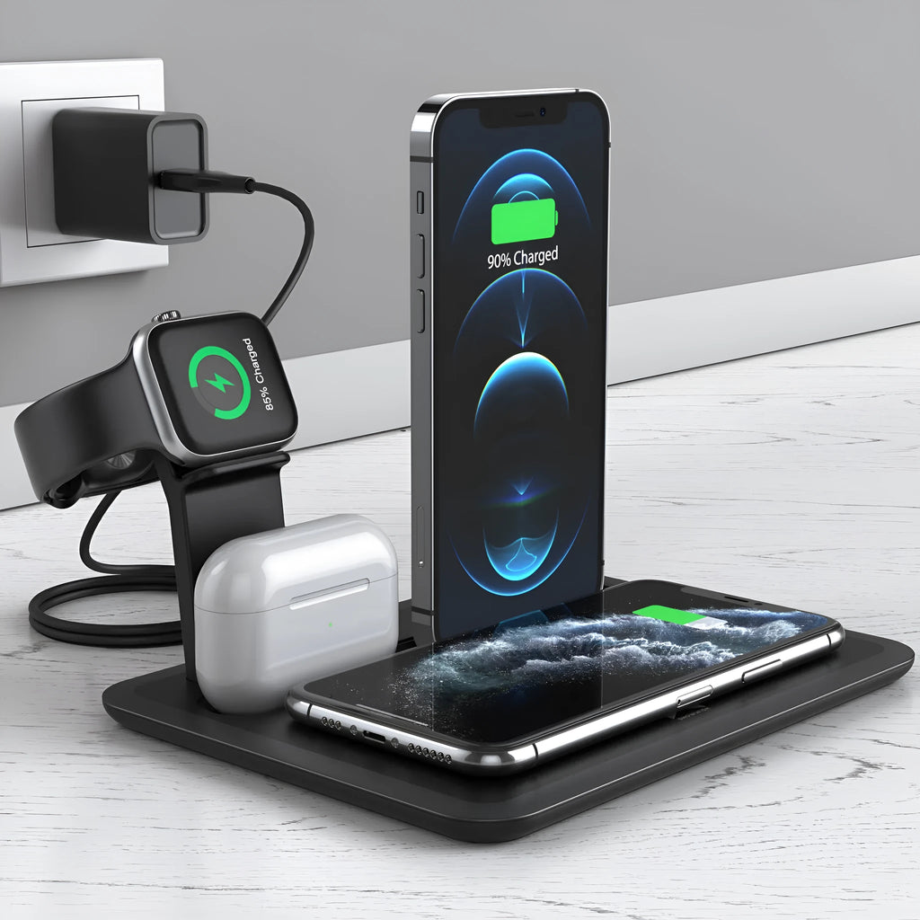 Black multi-device wireless charging station for phone, smartwatch, and headphones on a wooden desk.