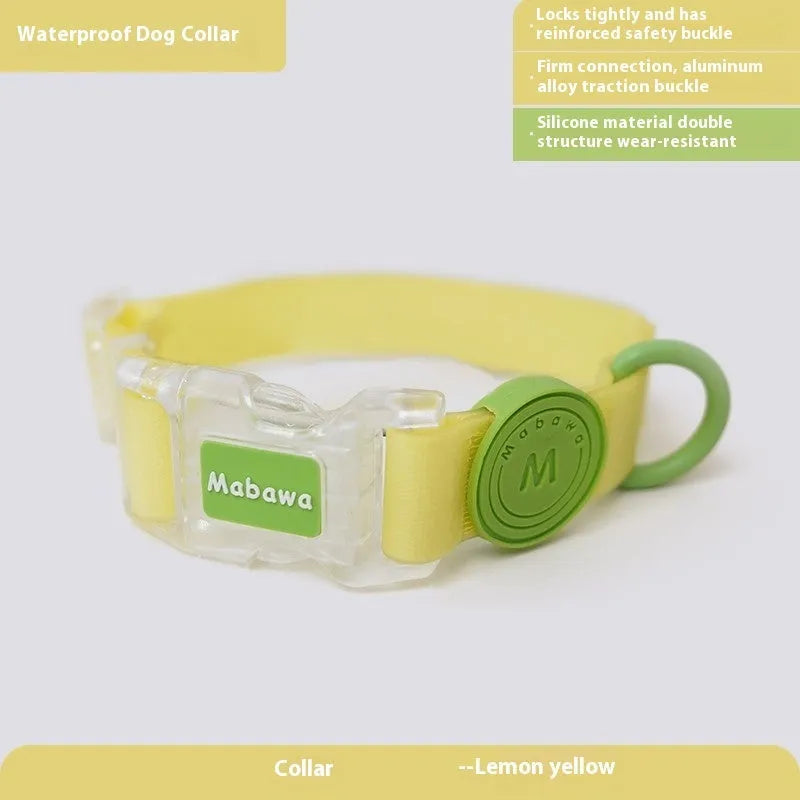 Nylon dog collar and matching hand holding rope in rose pink, lemon yellow, new green, or smoky grey colour options