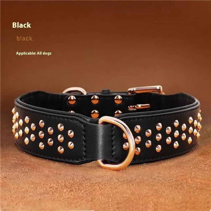 Leather dog collar with metal anti-bite rivets in chocolate, pink, or black colour for medium to large dogs