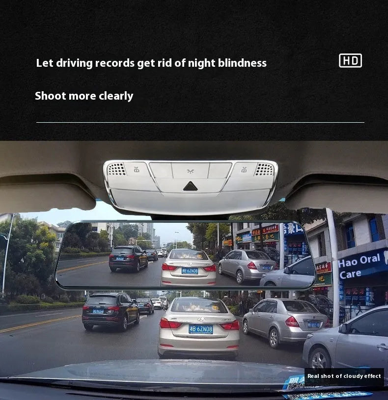 10-inch streaming media rearview mirror tachograph with full screen touch and front rear dual lens night vision