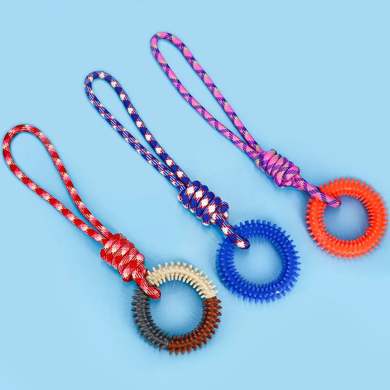 Blue braided rope dog toy with knot design measuring 43cm in length