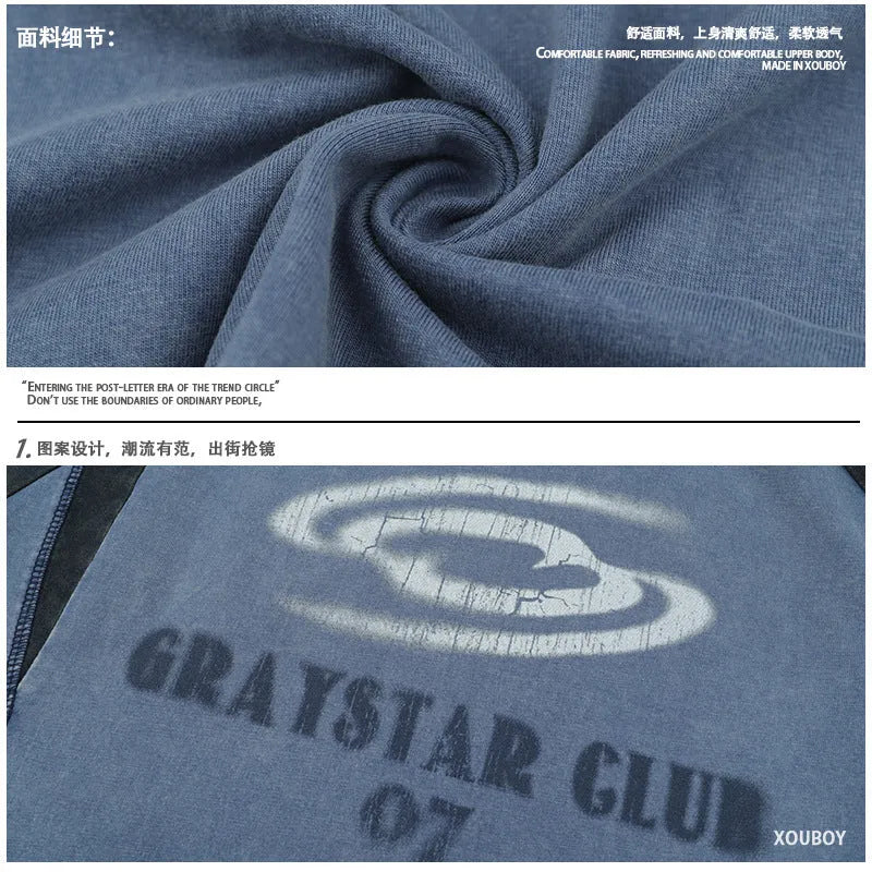 Men's blue hip hop letter print cotton T-shirt with raglan sleeves and loose fit design