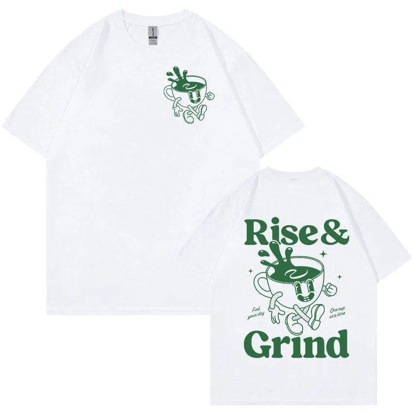 Man's loose-fit cartoon graphic t-shirt in linen blend fabric, showing the 'Rise And Grind Green Coffee' print.