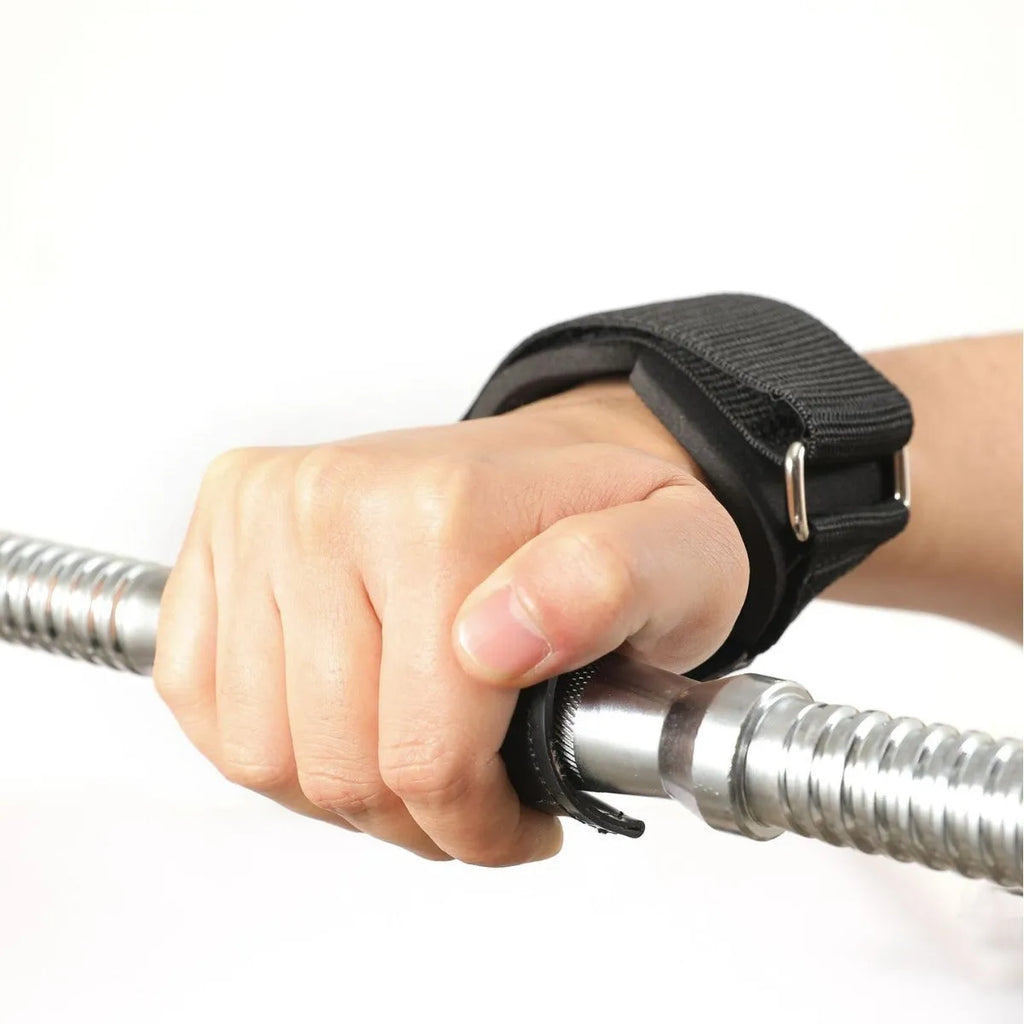 A pair of black rubber booster hoses for weightlifting grip and palm protection.