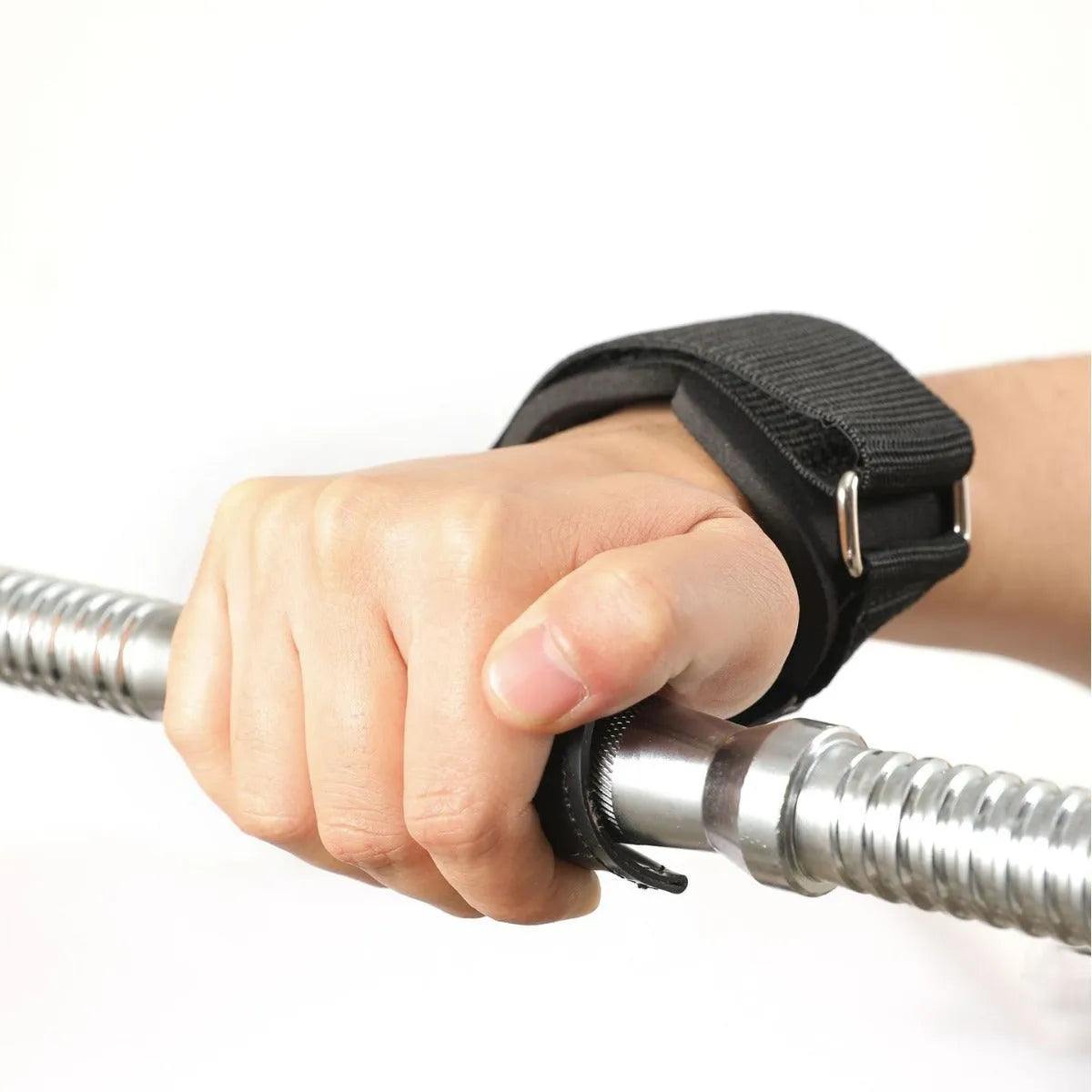 A pair of black rubber booster hoses for weightlifting grip and palm protection.