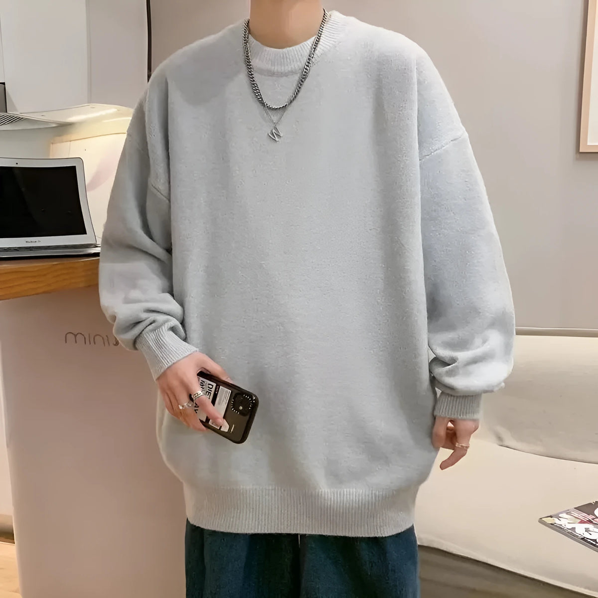 Men's loose fit pullover sweater in light grey polyester, long sleeve, Japanese style, winter daily wear.