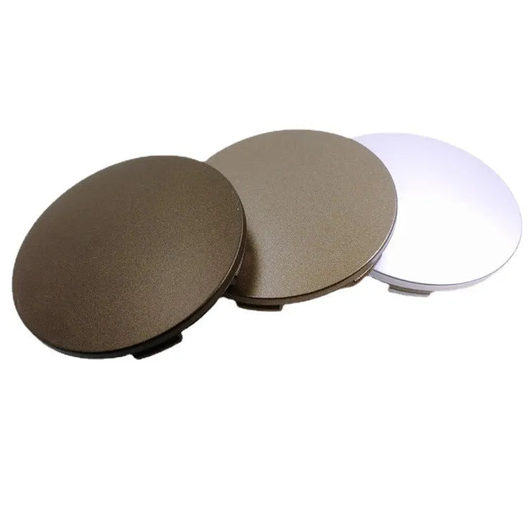 65mm diameter ABS plastic car hub centre cover in antique copper colour with aluminium label.