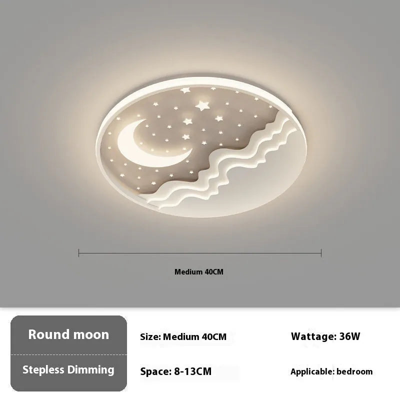 Moon-shaped romantic ceiling light for bedroom with wrought iron frame and acrylic panels