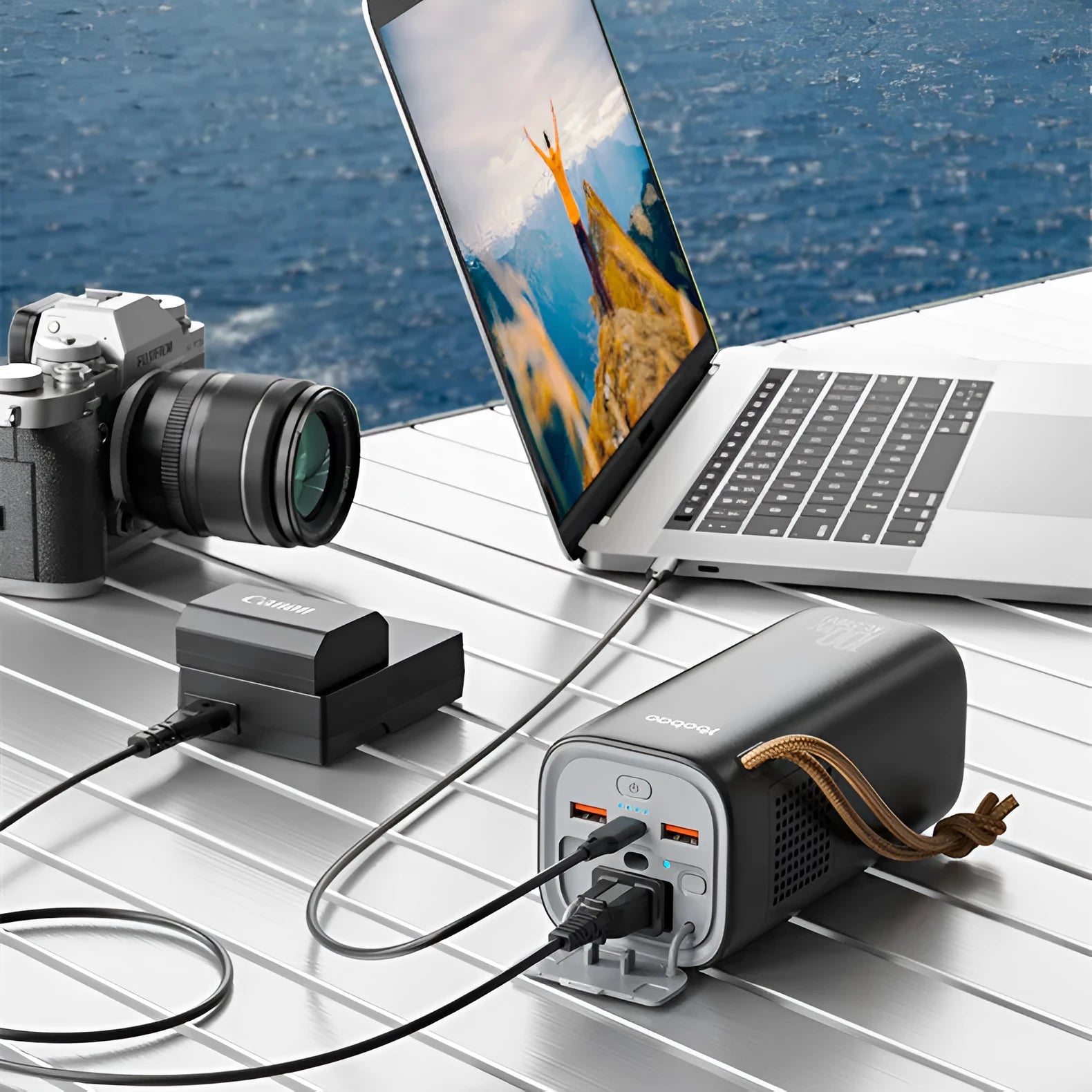 Black portable power bank with digital display, showing solar panel and car charging cables.