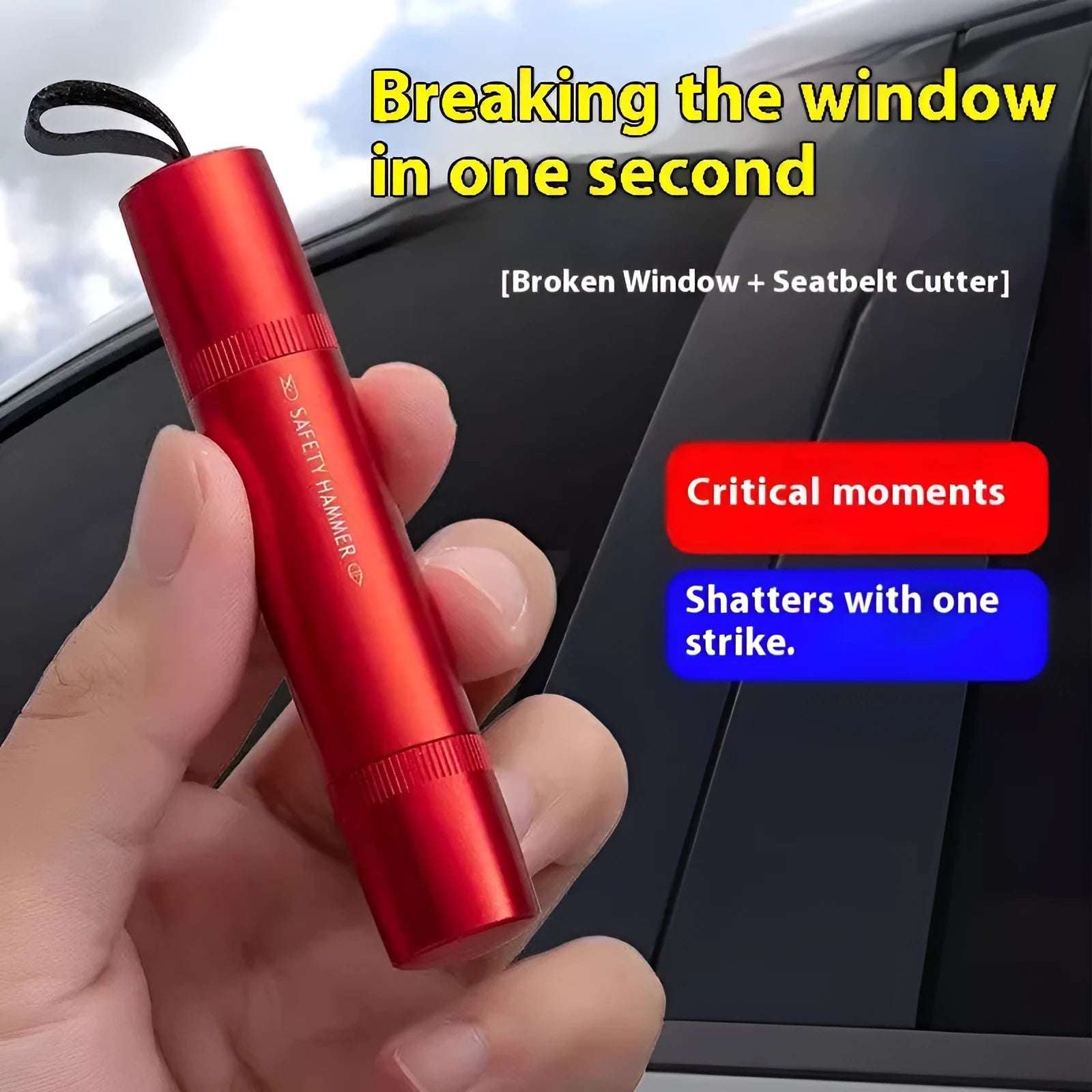 Black and red car safety life hammer with window breaker and seatbelt cutter functions