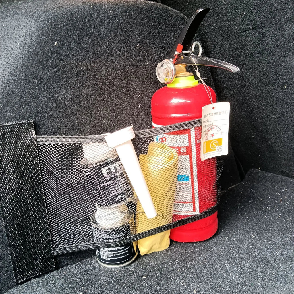 Polyester elastic storage net for organising items in a car boot, shown in 20x35cm and 20x45cm sizes.