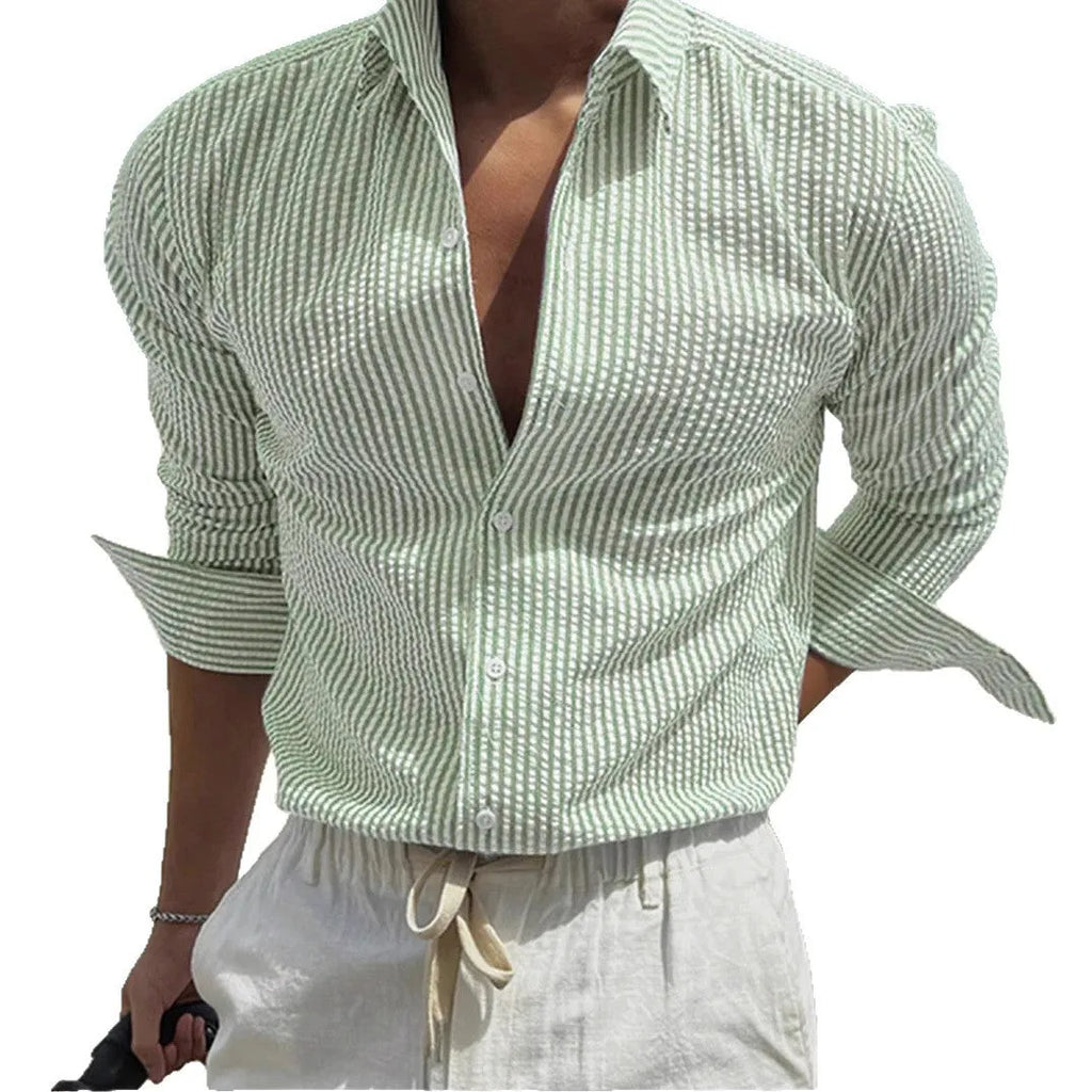 Striped long sleeve shirt with cardigan lapel in polyester fabric showing colour options