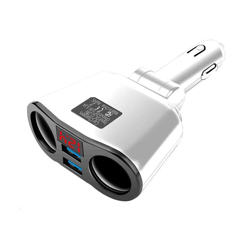 A black car Bluetooth FM transmitter with a USB port plugged into a vehicle's cigarette lighter socket.