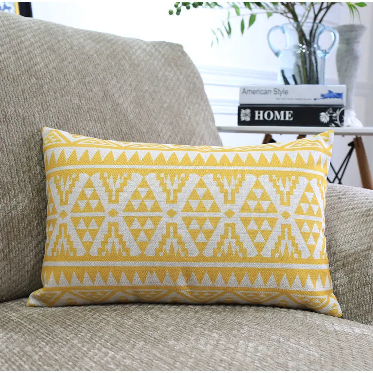 Nordic geometric throw pillowcase in blended fabric, 45x45cm square size, on a sofa with warm tones