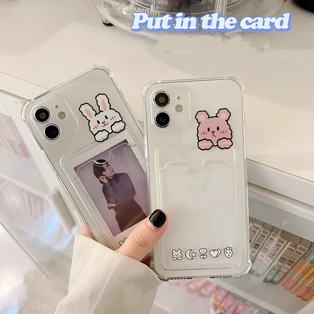 Cartoon design transparent iPhone case with card holder slots on the back.