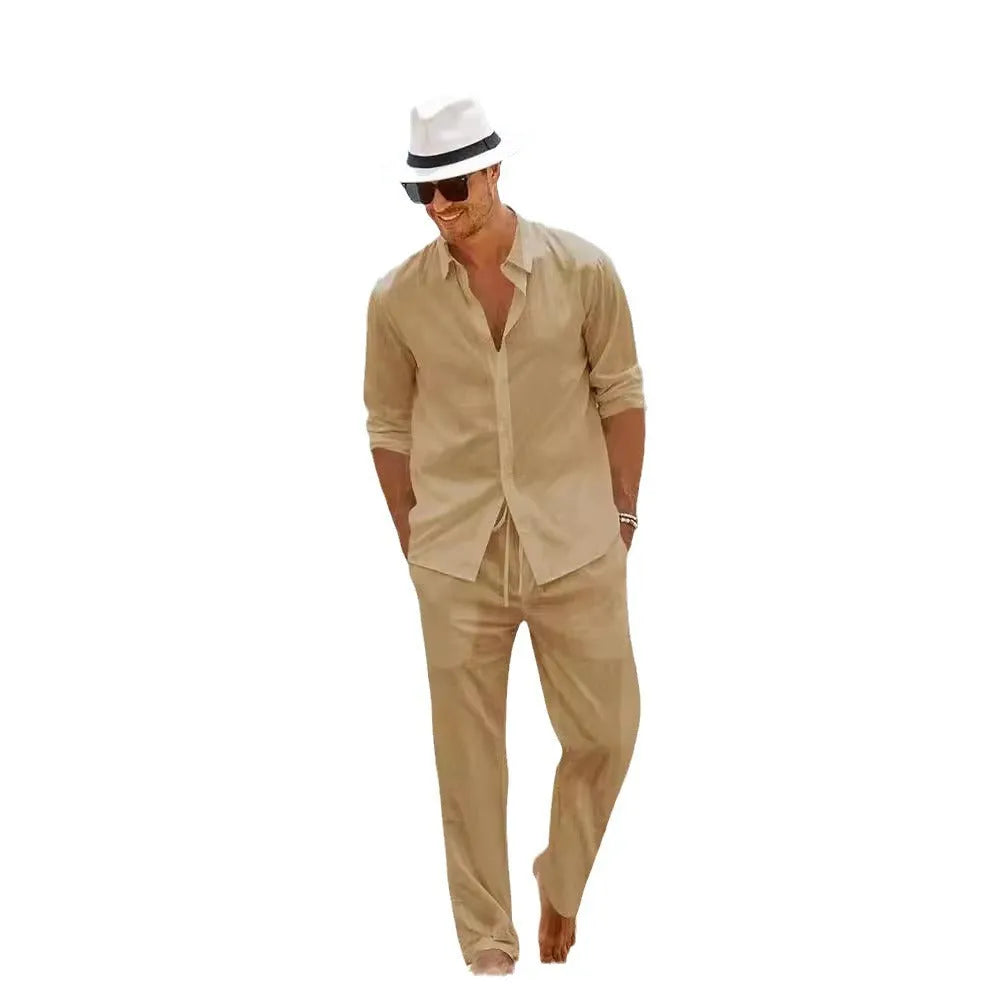 Men's cotton long sleeve top and trousers casual set in white, black, grey, khaki, or sky blue