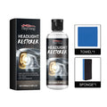 Headlight restorer kit showing polishing fluid bottle, buffing cloth, and sponge applicator for DIY lens restoration