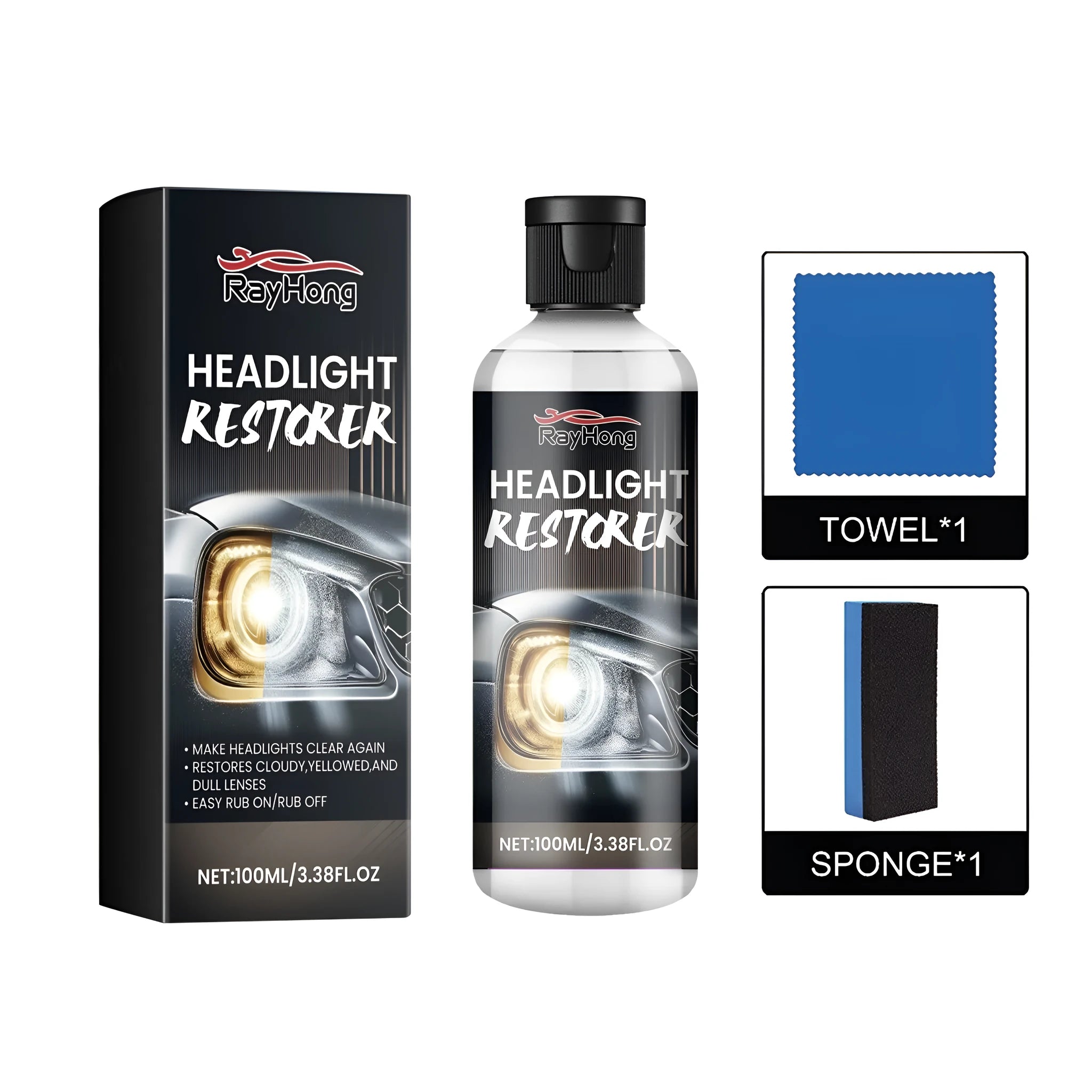 Headlight restorer kit showing polishing fluid bottle, buffing cloth, and sponge applicator for DIY lens restoration