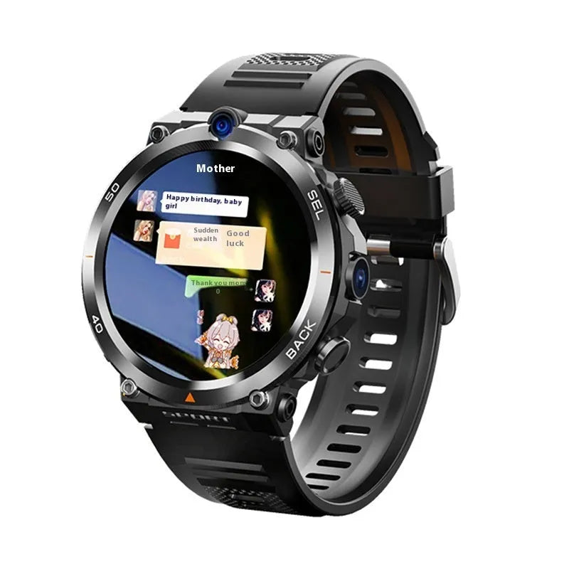 Sports smartwatch with dual cameras, touch screen display, heart rate monitoring and NFC functions