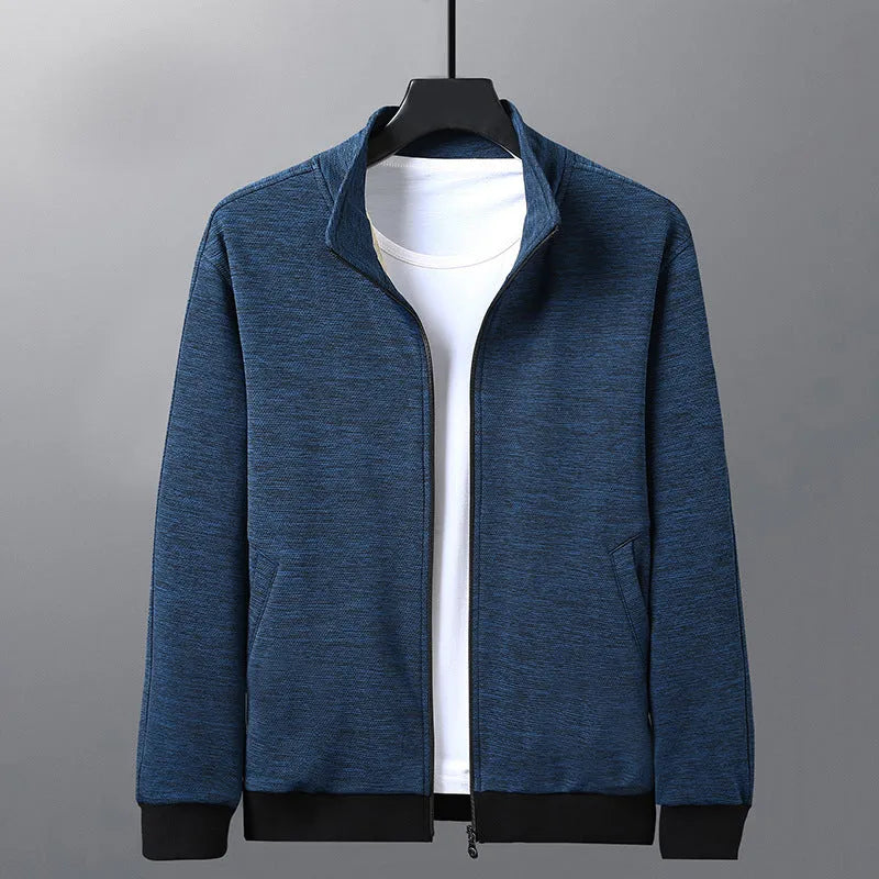 Men's black casual zip-up jacket with a stand-up collar on a grey background