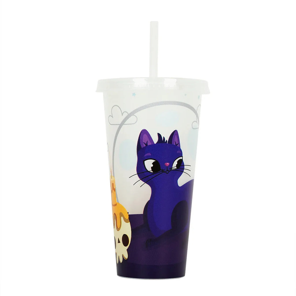 720ml orange Halloween pumpkin plastic cup with luminous straw on a dark background.