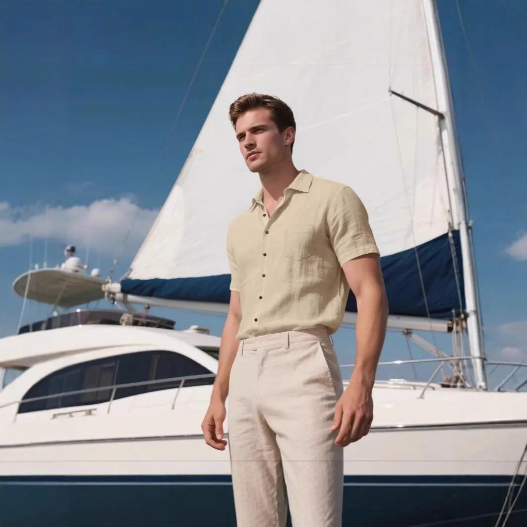 Men's loose fit short sleeve linen shirt in a solid colour, showing cardigan style and casual design.