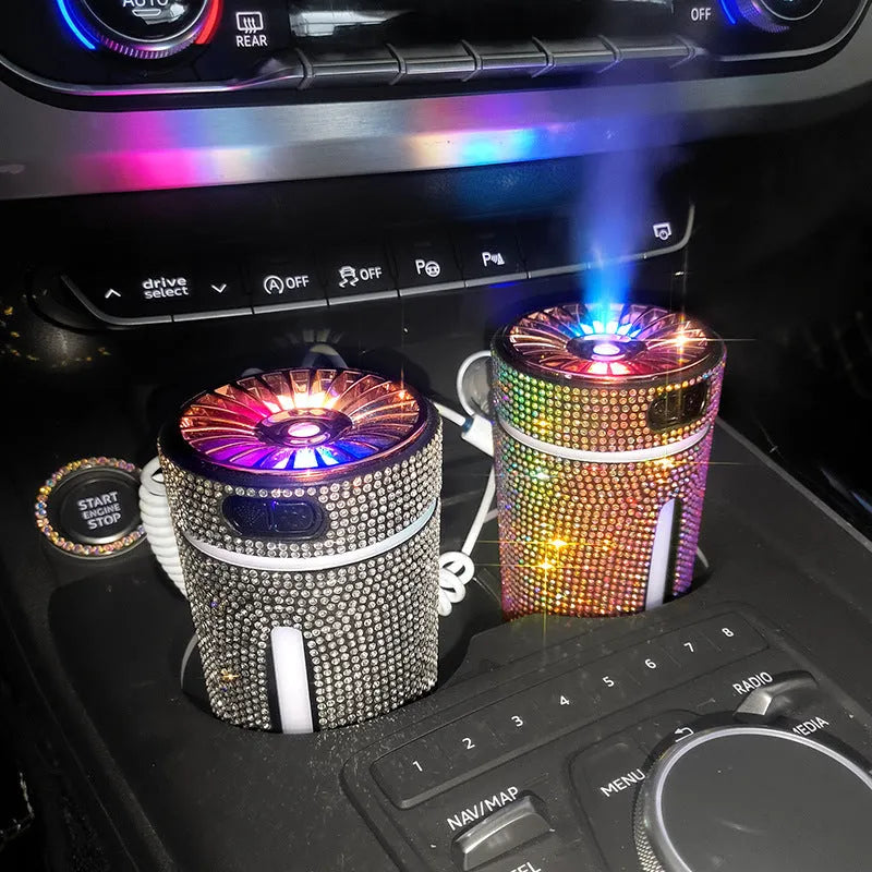 Diamond car humidifier with LED light, USB powered, 15x7x7cm, colourful mist diffuser