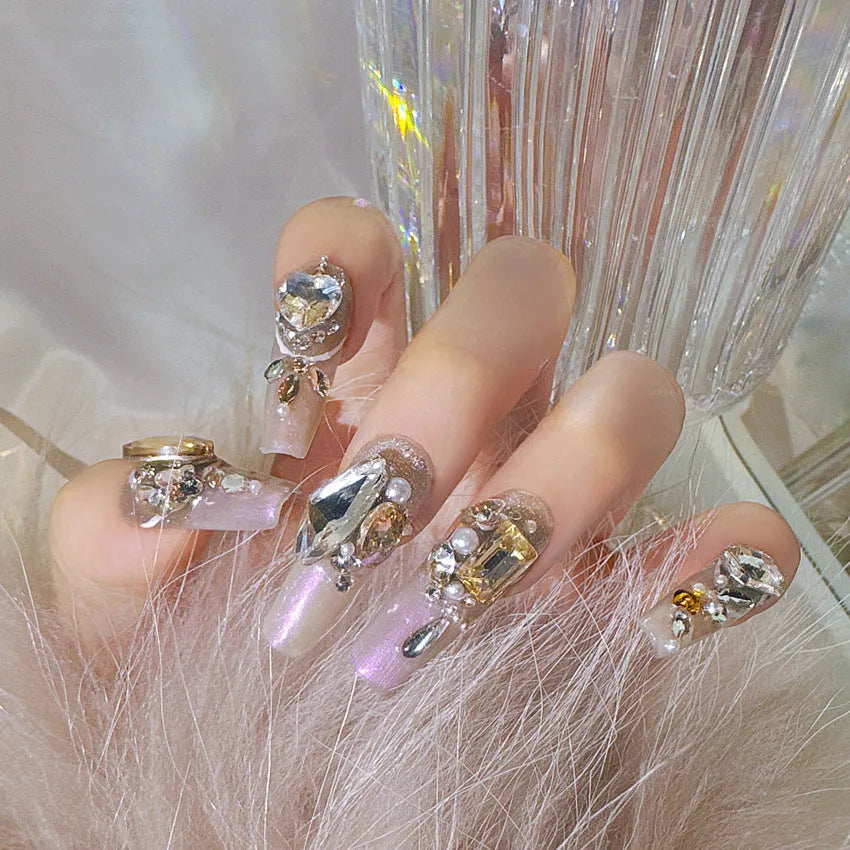 Wear Nail Heavy Industry luxury rhinestone press-on false nails in flash style on a card, with jelly adhesive or tool set options.