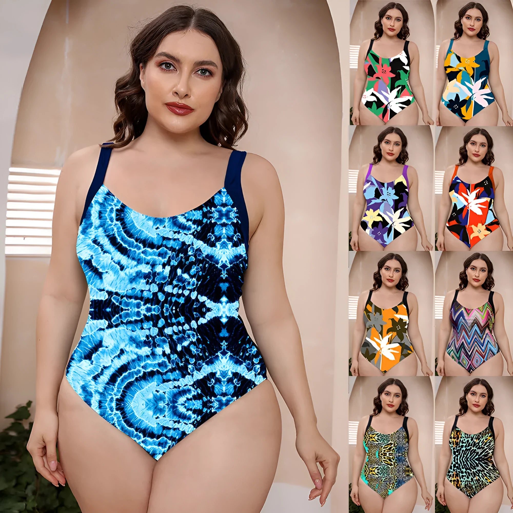 A one-piece conservative vest swimsuit with spaghetti straps in a floral print pattern.