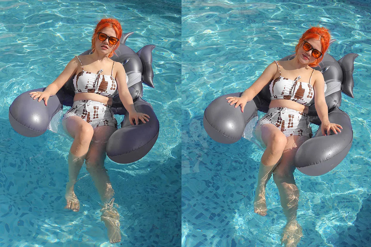 Inflatable seat hammock with net in dark blue whale design floating on water, thickened PVC construction