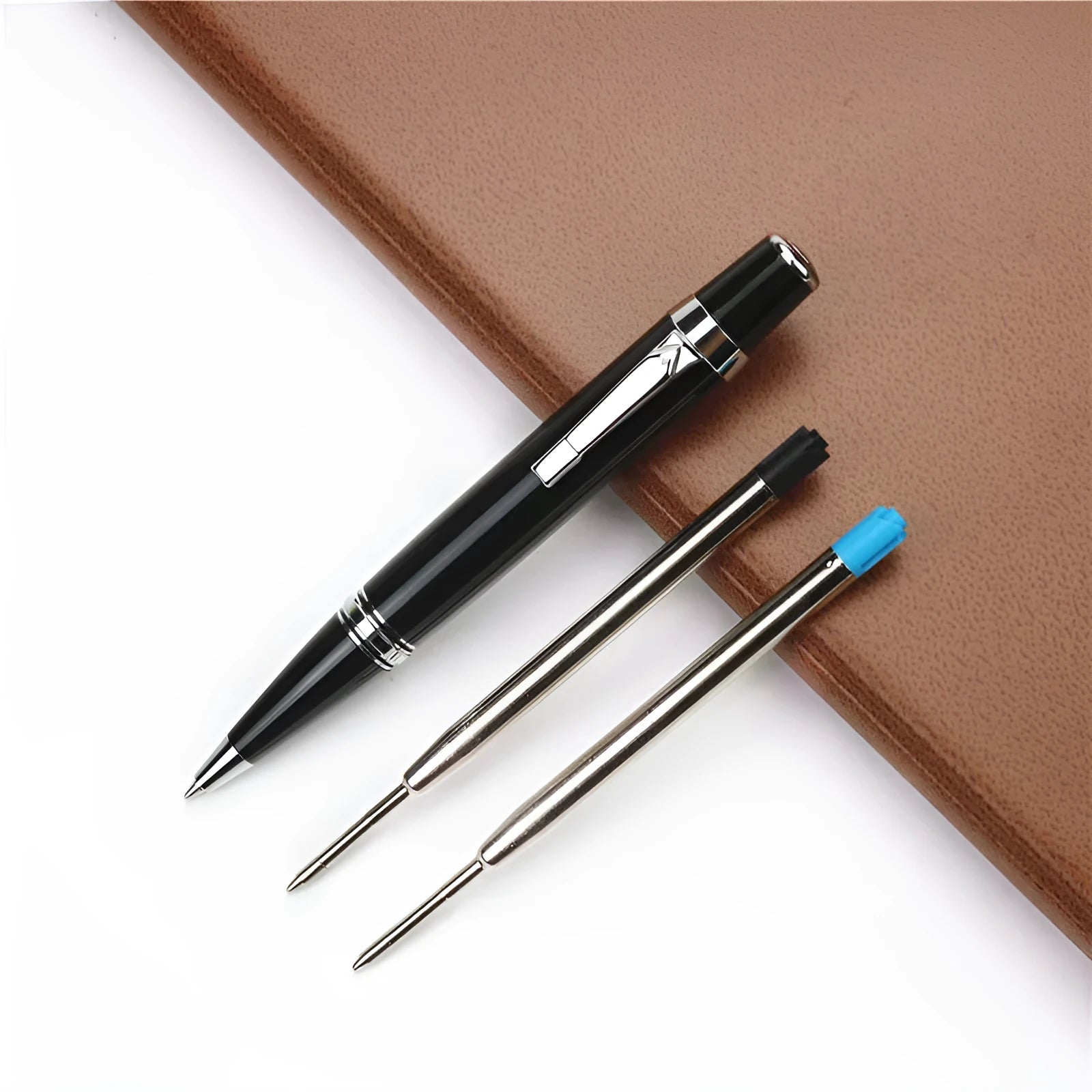 Black full metal pocket rollerball pen with 0.7mm refill and two spare refills