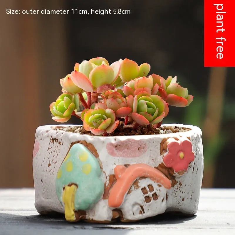 Hand-painted ceramic large caliber flower pot with cute pastoral design