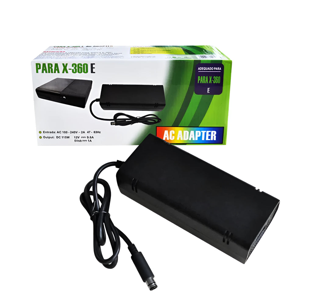 Black Xbox 360 E AC power adapter with detachable cable and UK/EU/US plug options