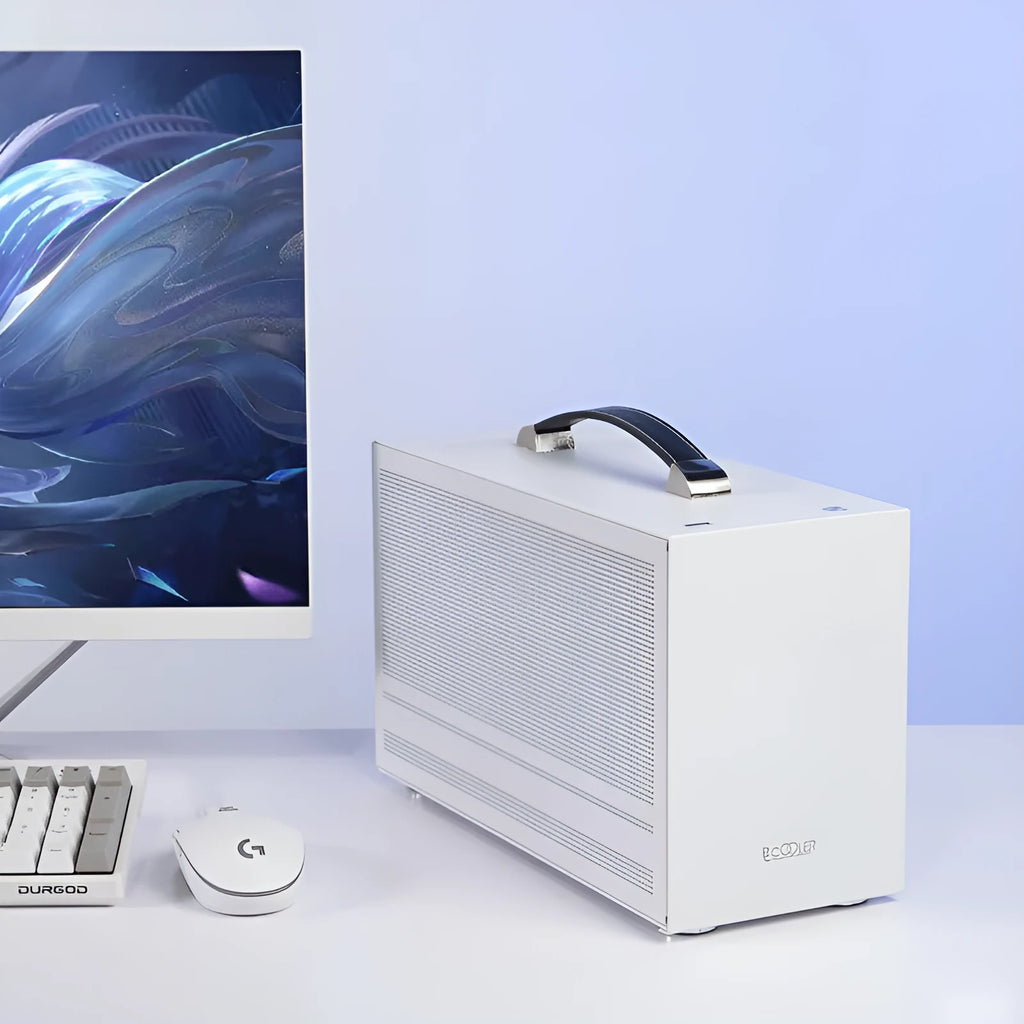Hummingbird PRO ITX desktop computer chassis in titanium grey or white metal finish.