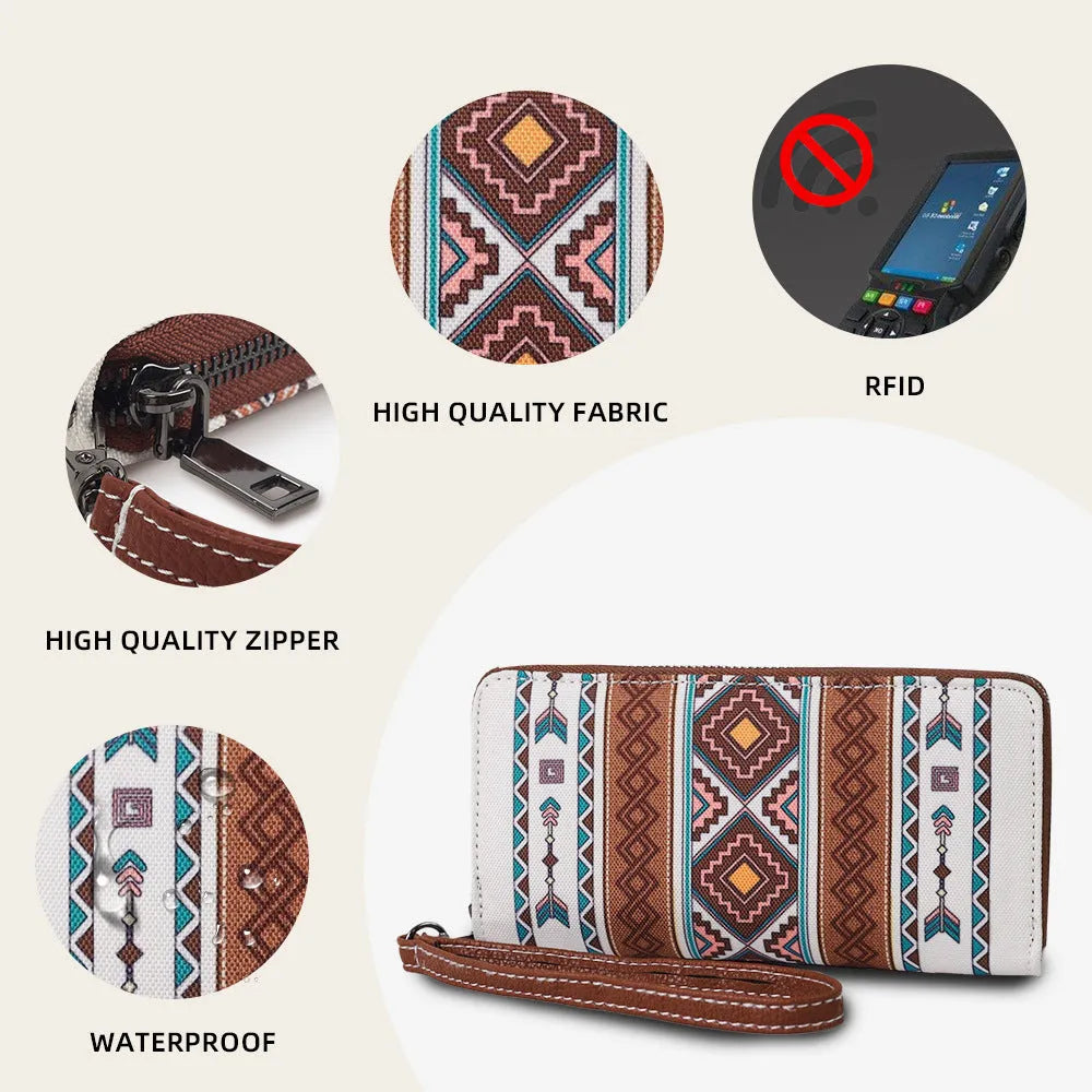 Bohemian striped canvas RFID wallet measuring 20x10x2cm with polyester lining