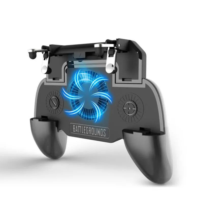 Black USB mobile game controller for smartphones with aluminium alloy trim and ergonomic grips.