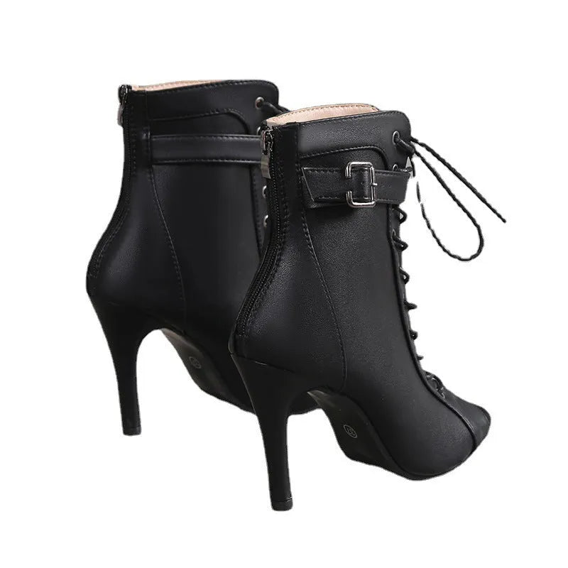 Women's black PU peep toe high heel pumps with lace-up buckle and back zipper