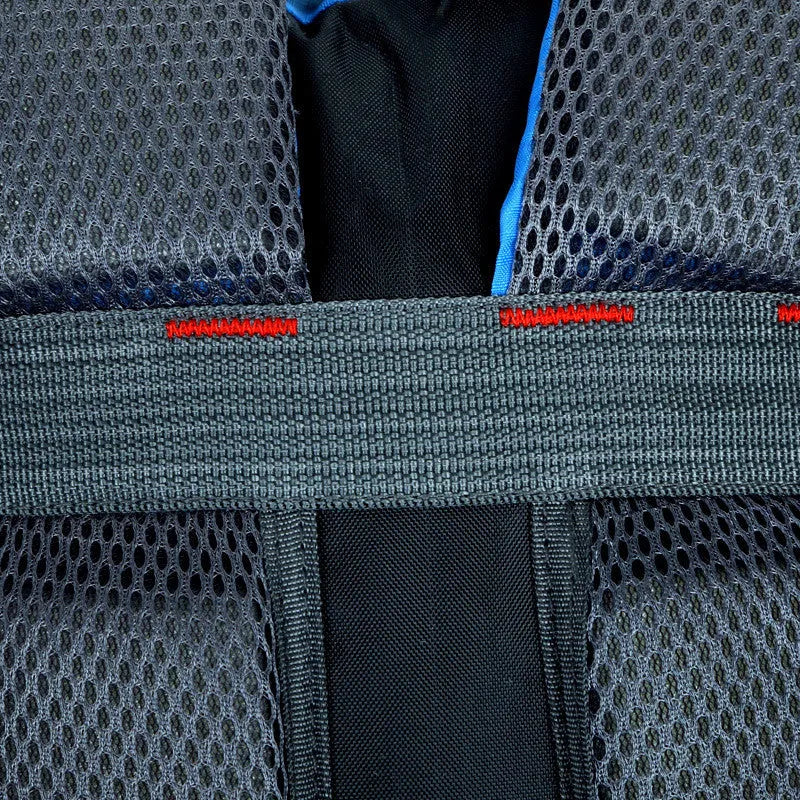 Large black outdoor travel backpack with two shoulder straps, shown with a laptop compartment and a front ID pocket.