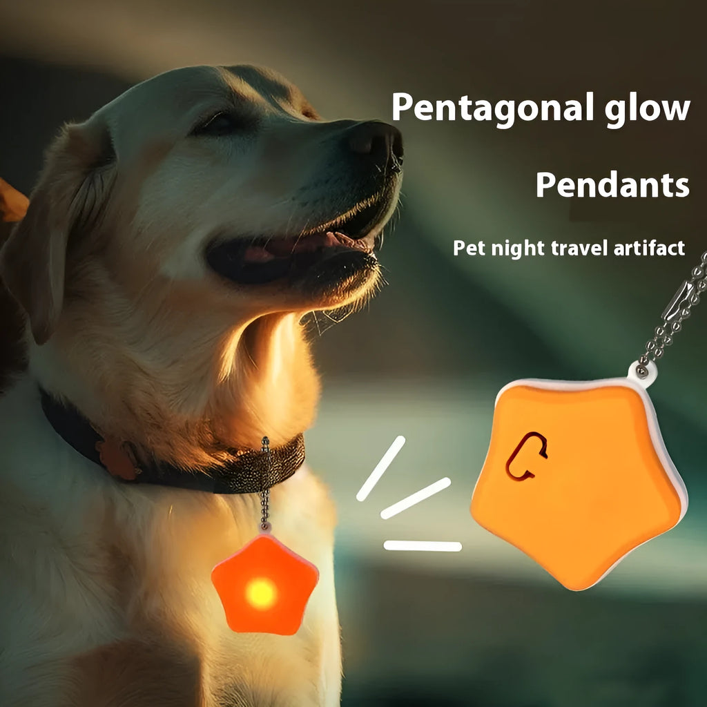 Blue rechargeable pendant light attached to dog collar for night-time walking visibility